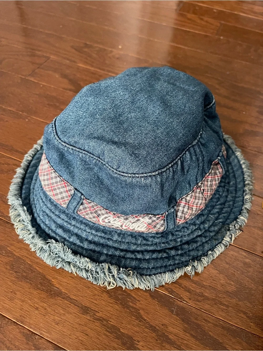 VTG 90s Coca-Cola Blue Denim Bucket Hat with Red Plaid Band & Frayed Brim